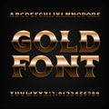 Gold effect alphabet font. Bold metallic letters, numbers and symbols with bevel. Royalty Free Stock Photo