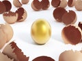 Gold egg at the center of cracked regular ones Royalty Free Stock Photo