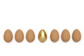 Gold egg and eggs on white background. 3D illustration. Royalty Free Stock Photo