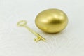 Gold egg with key on white damask Royalty Free Stock Photo