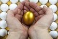 A gold egg in a man hands, surrounded by white eggs, background, texture Royalty Free Stock Photo