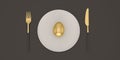 Gold egg on plate with knife and fork. 3D illustration Royalty Free Stock Photo