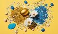 a gold egg and two white daisies on a yellow background. generative ai Royalty Free Stock Photo