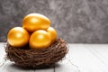 Gold eggs on nest on a white wood table Royalty Free Stock Photo