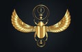 Gold egyptian sacred Scarab wall art design. Beetle with wings. Vector illustration golden logo, personifying the god Khepri.