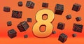 Gold eight 8 percent number with Black cubes  percentages fly on a orange background. Royalty Free Stock Photo