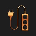 Gold Electric extension cord icon isolated on black background. Power plug socket. Long shadow style. Vector