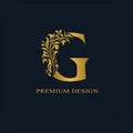 Gold Elegant letter G. Graceful style. Calligraphic beautiful logo. Vintage drawn emblem for book design, brand name, business car