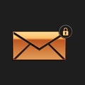 Gold Email message lock password icon isolated on black background. Envelope with padlock. Private mail and security, secure, Royalty Free Stock Photo
