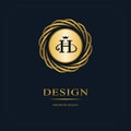 Gold Emblem of the weaving circle. Monogram design elements, graceful template. Simple logo design Letter H for Royalty, business