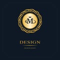 Gold Emblem of the weaving circle. Monogram design elements, graceful template. Simple logo design Letter M for Royalty, business