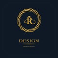 Gold Emblem of the weaving circle. Monogram design elements, graceful template. Simple logo design Letter R for Royalty, business