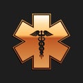 Gold Emergency star - medical symbol Caduceus snake with stick icon isolated on black background. Star of Life. Long Royalty Free Stock Photo