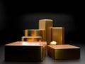 Gold empty product showcase podiums of different heights over black background. marketing and advertising. 3d rendering