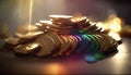 Gold at the end of the Rainbow. Pile of colorful coins. Luck of the Irish. Abstract Leprechaun.