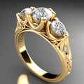 Gold engagement ring with three diamonds. Generative AI