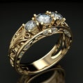 Gold engagement ring with three diamonds. Generative AI