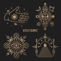 Gold esoteric symbols. Vector. Thin line geometric badge. Outline icon for alchemy or sacred geometry. Mystic, magic