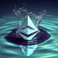 Gold Ethereum coin falling to water. Crypto and water splash.
