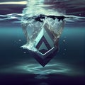 Gold Ethereum coin falling to water. Crypto and water splash.