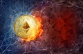 Gold ethereum coin hard fork in fire flame, lightning and water splashes.