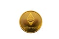 Gold ethereum coin isolated on white background isolation .