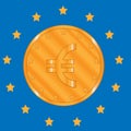 Gold euro coin on background with flag of European Union