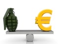 Gold euro sign and hand grenade on a balance swing