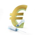 Gold euro sign syringes, donation on a white background 3D illustration, 3D rendering