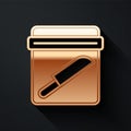 Gold Evidence bag with knife icon isolated on black background. Long shadow style. Vector Royalty Free Stock Photo