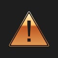 Gold Exclamation mark in triangle icon isolated on black background. Hazard warning, careful, attention, danger warning