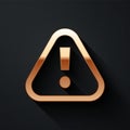 Gold Exclamation mark in triangle icon isolated on black background. Hazard warning sign, careful, attention, danger