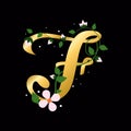 Gold F letter with flowers, alphabet illustration on black