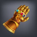 Gold fantasy armor hand glove with cosmic gems for game or cards.