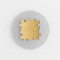 Gold fastened puzzles icon. 3d rendering gray round key button, interface ui ux element