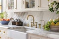 A gold kitchen faucet detail with a farmhouse sink and marble countertops.