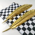 Gold feathers on checkered background isolated on white background Royalty Free Stock Photo