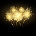 Gold Festival firework. Colorful carnival fireworks holiday background. Vector illustration isolated on dark background