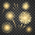 Gold Festival fireworks set. Colorful carnival fireworks holiday background. Vector illustration isolated on dark background Royalty Free Stock Photo