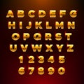 Gold festive alphabet. Glowing font with shiny bright lights. Vector shiny Alphabet Letters and Numbers