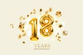 Gold festive balloons 18 years anniversary with golden confetti, presents, mirror ball and stars fly on a beige background with Royalty Free Stock Photo