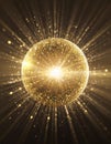 Gold festive glittery abstract shiny disco sphere with light rays