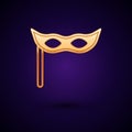 Gold Festive mask icon isolated on black background. Merry Christmas and Happy New Year. Vector Royalty Free Stock Photo