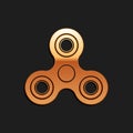 Gold Fidget spinner icon isolated on black background. Stress relieving toy. Trendy hand spinner. Long shadow style