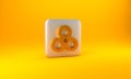 Gold Fidget spinner icon isolated on yellow background. Stress relieving toy. Trendy hand spinner. Silver square button