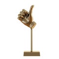 Gold figurine of a hand with a protruding thumb up on an isolated background. 3d rendering