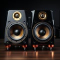 Gold Finish Bookshelf Speakers With Stylish Black Background Royalty Free Stock Photo