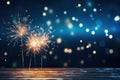 Gold Fireworks and bokeh in New Year eve on dark blue background. Generative AI Royalty Free Stock Photo