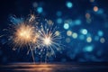 Gold Fireworks and bokeh in New Year eve on dark blue background. Generative AI Royalty Free Stock Photo