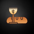 Gold First communion symbols for a nice invitation icon isolated on black background. Vector Illustration